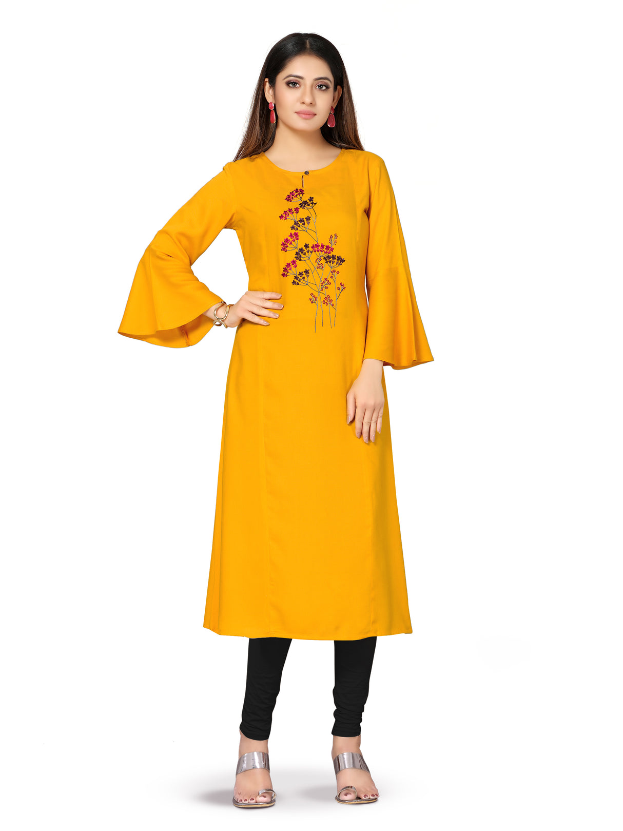 MIMOSA Cotton Mustard Yellow Colour Embroidered Straight Kurta for Women