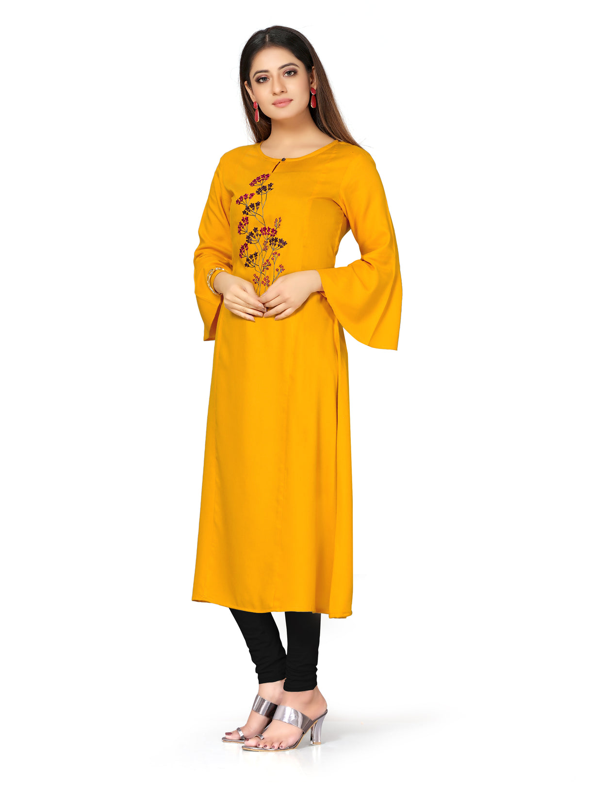 MIMOSA Cotton Mustard Yellow Colour Embroidered Straight Kurta for Women