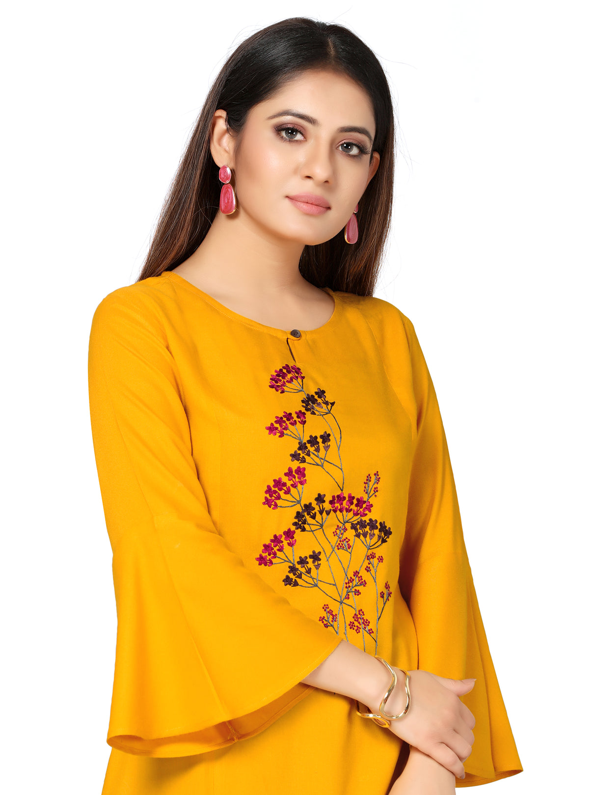 MIMOSA Cotton Mustard Yellow Colour Embroidered Straight Kurta for Women