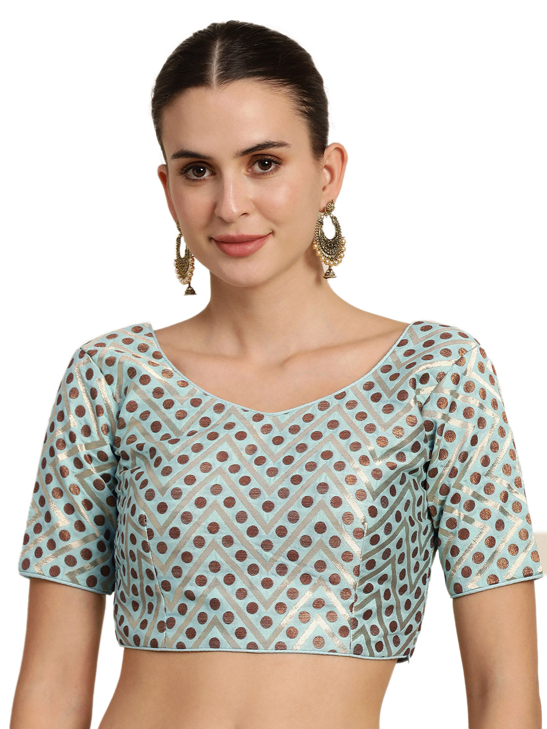 Mimosa Women Turquoise Blue & Brown Woven Design Readymade Blouse