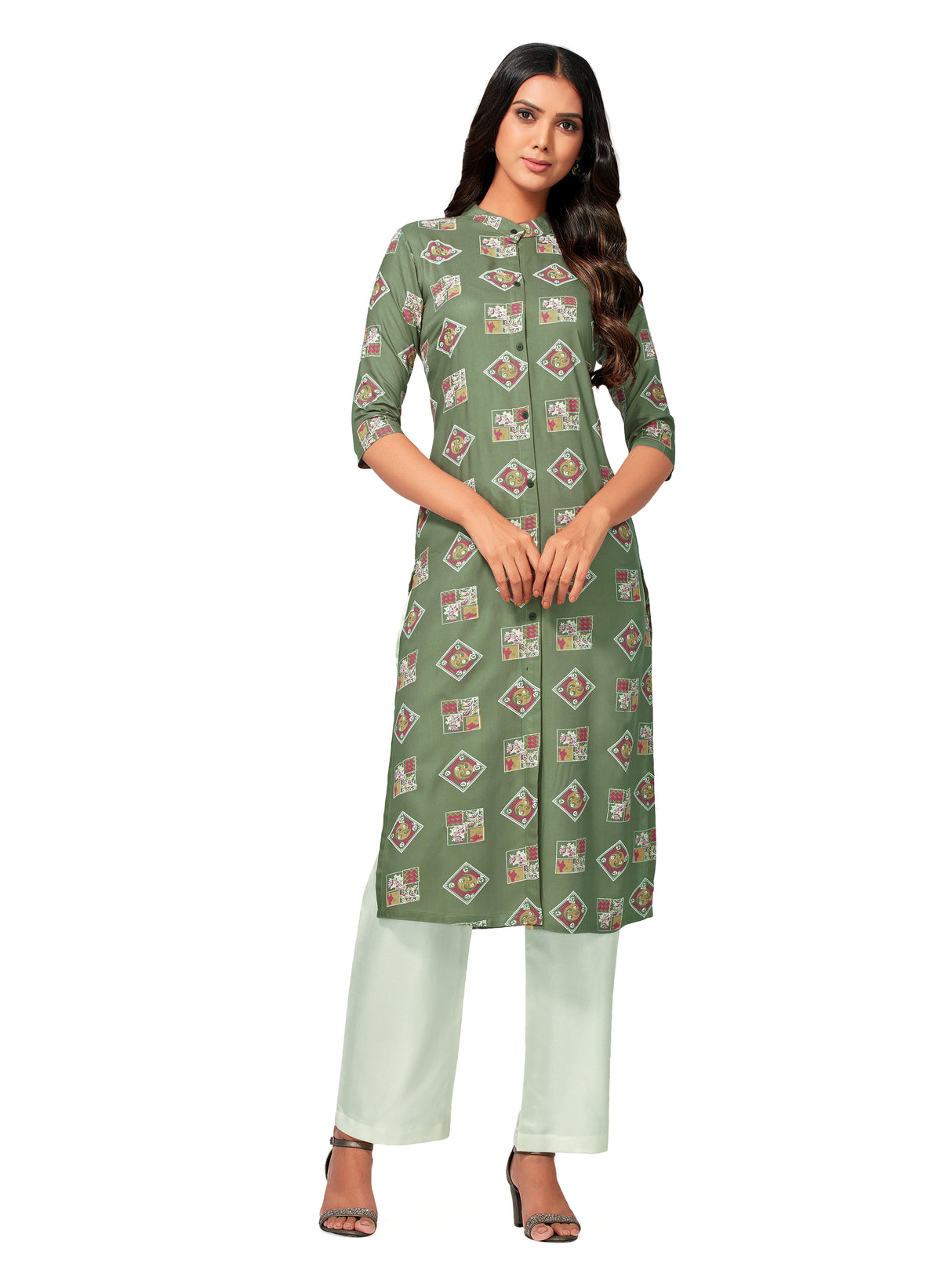 Mimosa Women Khaki Green Color Printed Straight Kurta