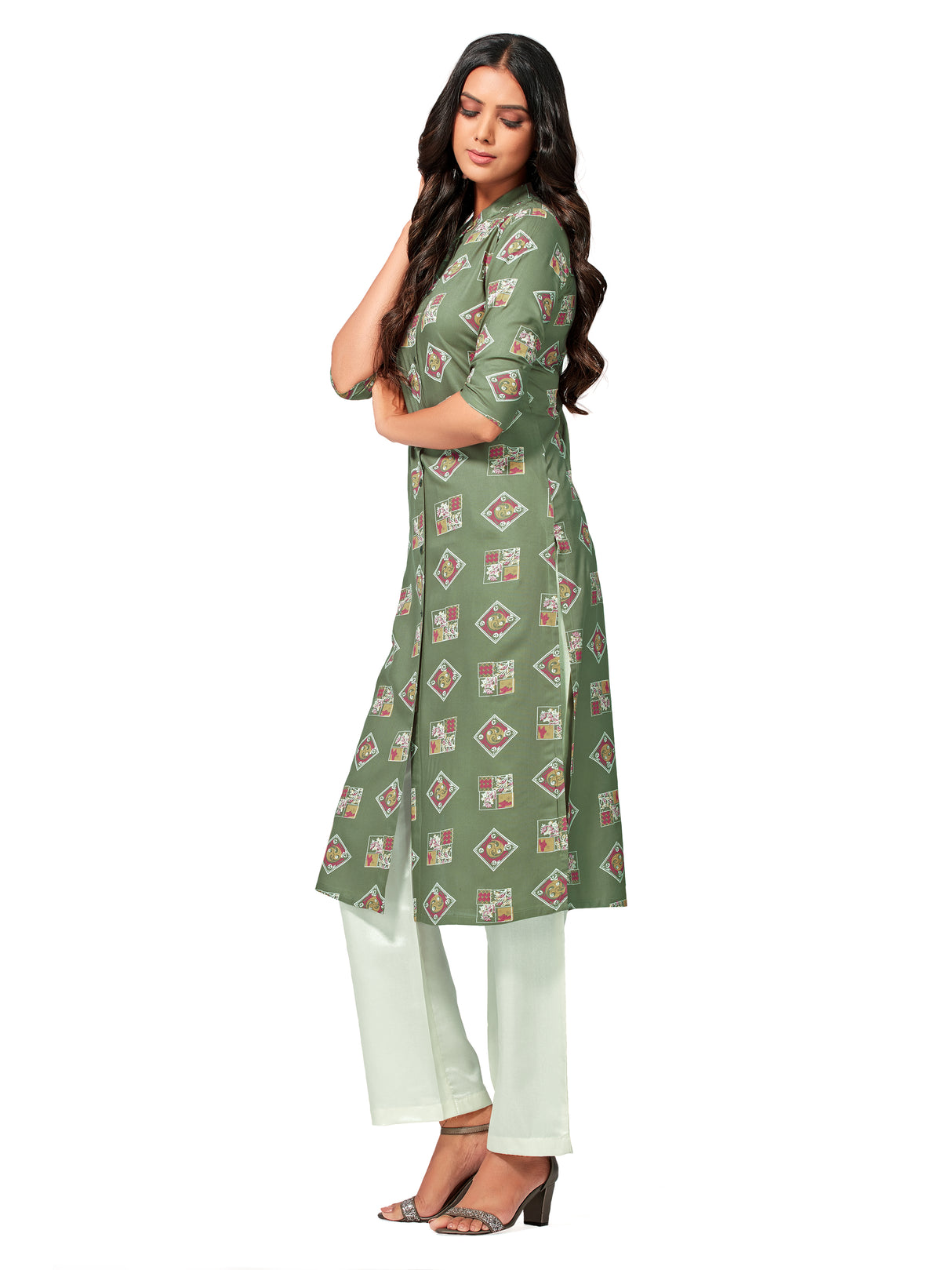 Mimosa Women Khaki Green Color Printed Straight Kurta