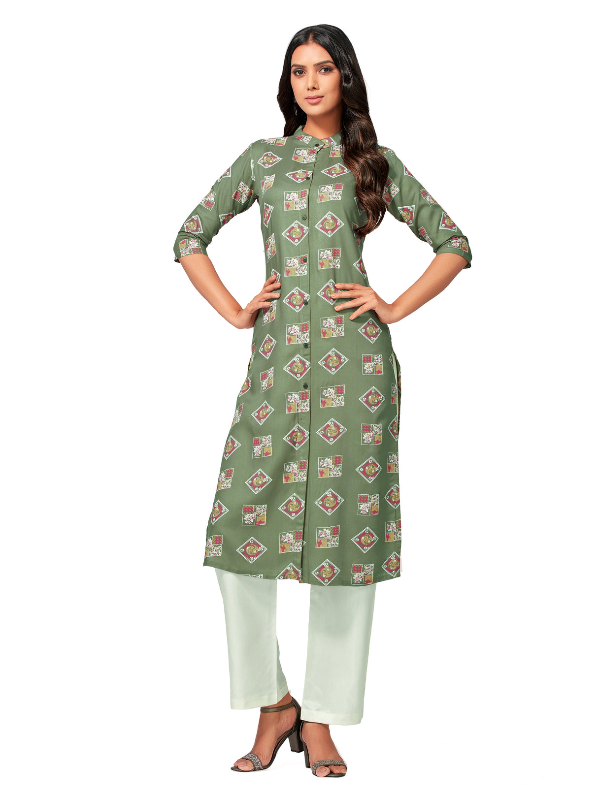 Mimosa Women Khaki Green Color Printed Straight Kurta