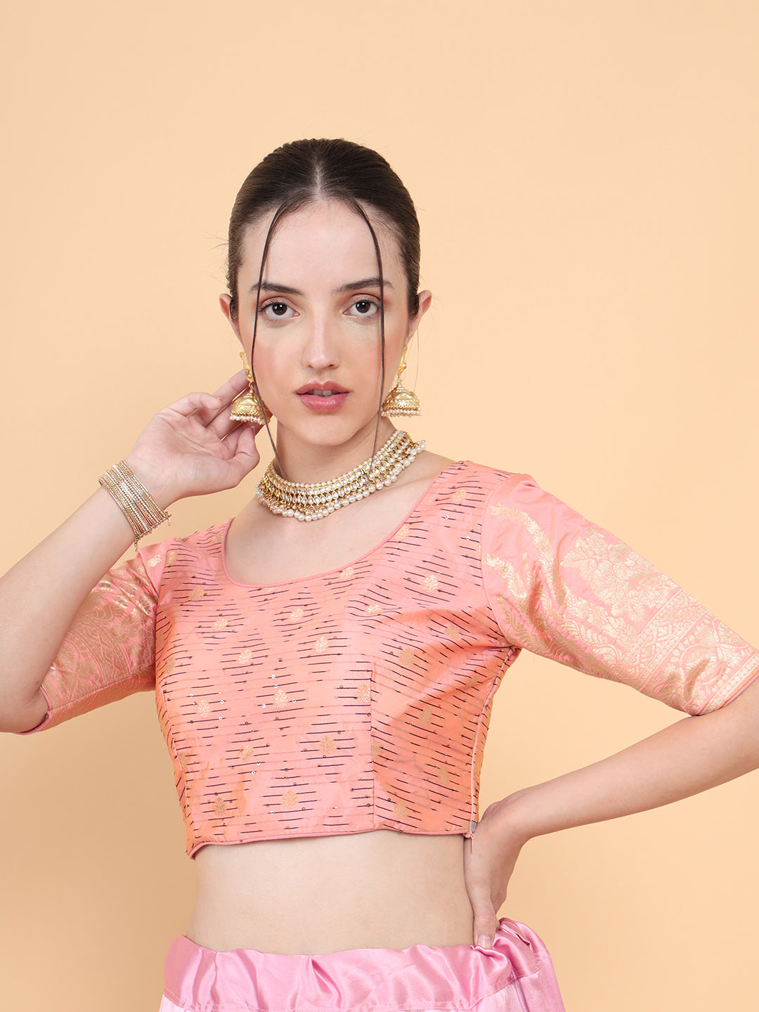 Mimosa Pink Woven Design Readymade Blouse