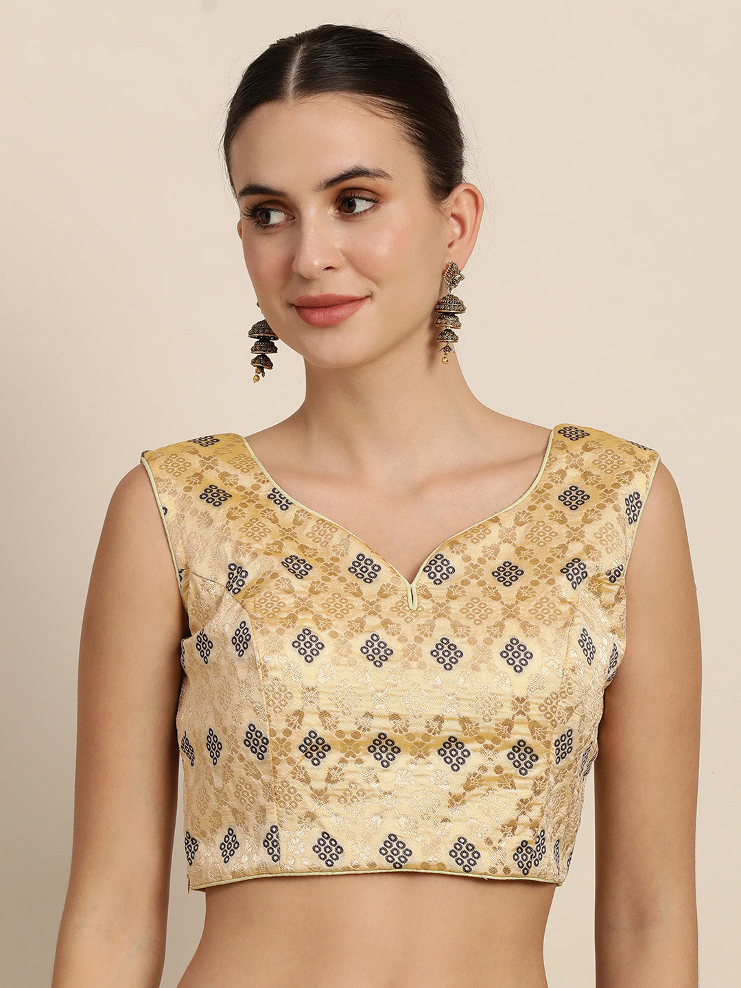 Mimosa Women Beige & Blue Woven Design Readymade Saree Blouse