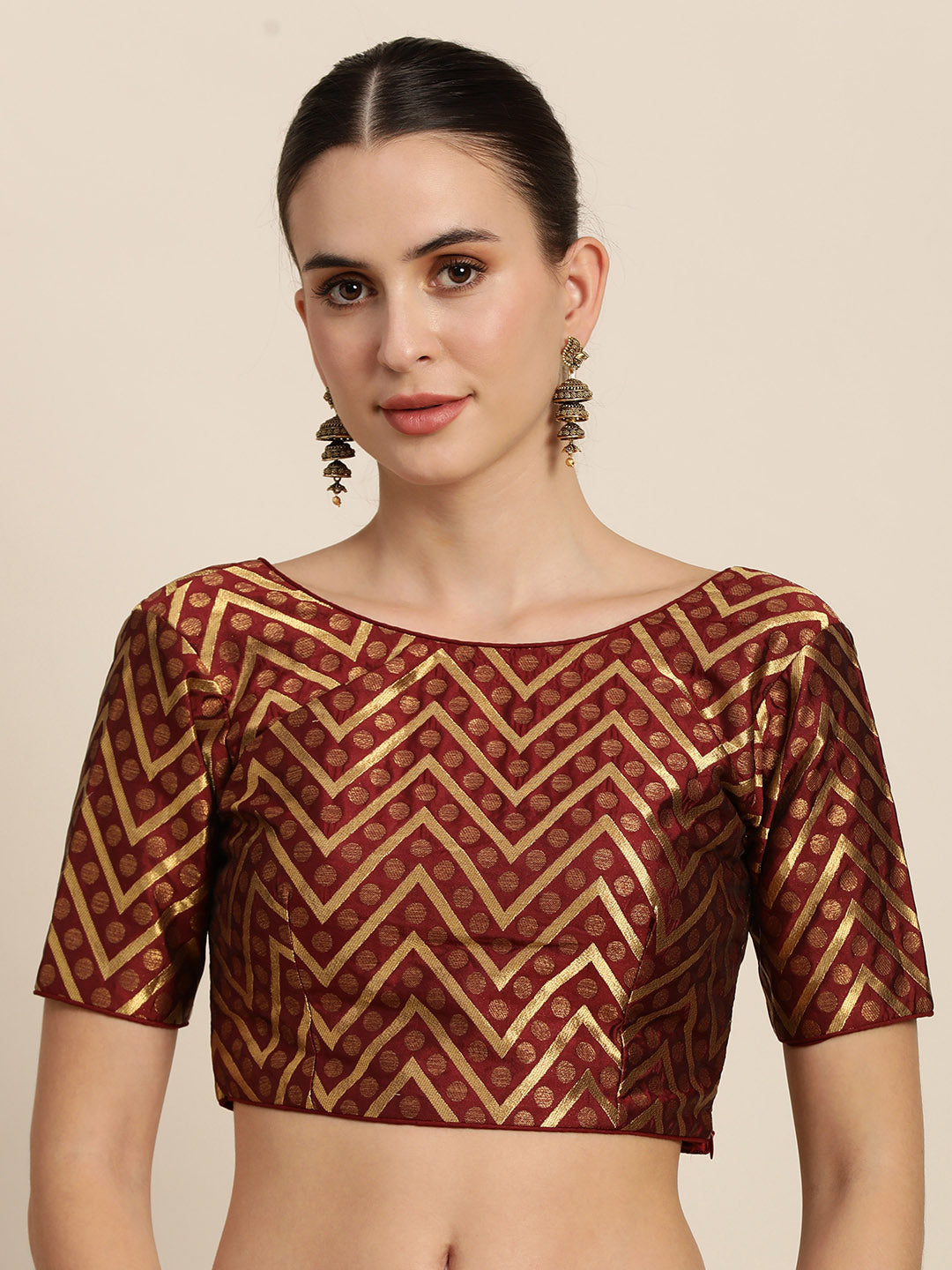 Mimosa Women Maroon & Golden Woven Design Readymade Saree Blouse