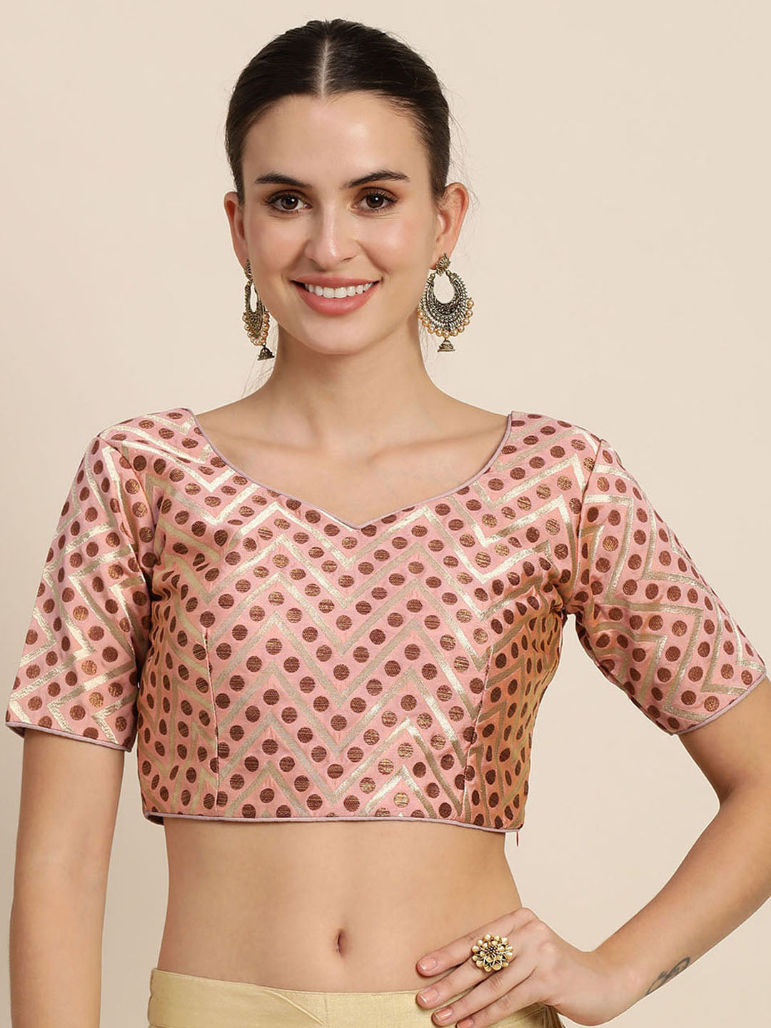 Mimosa Women Pink & Brown Woven Design Readymade Saree Blouse