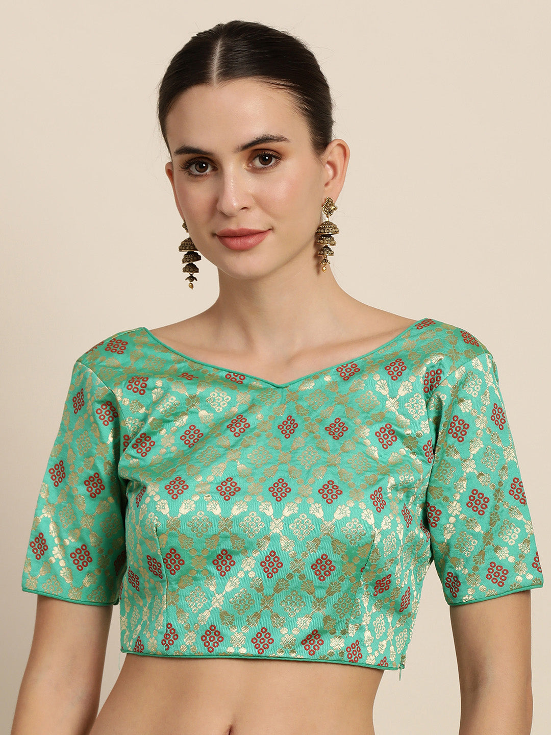 Mimosa Women Turquoise Blue & Red Woven Design Readymade Saree Blouse