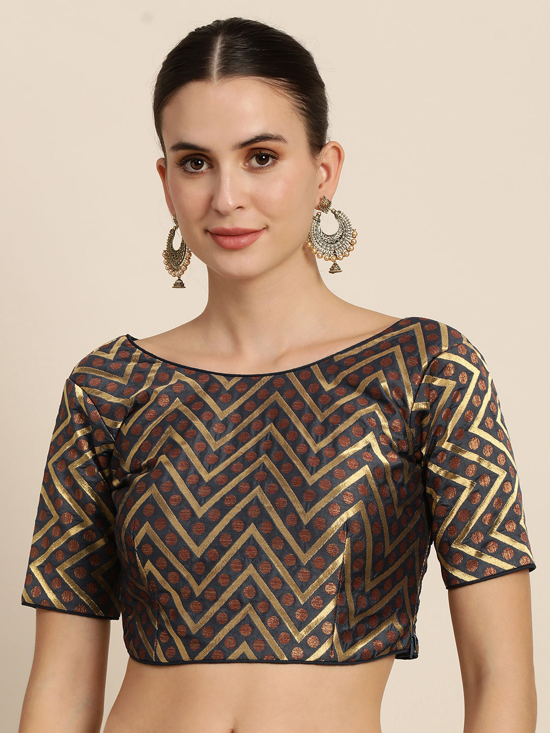 Mimosa Women Charcoal Grey & Golden Woven Design Readymade Saree Blouse