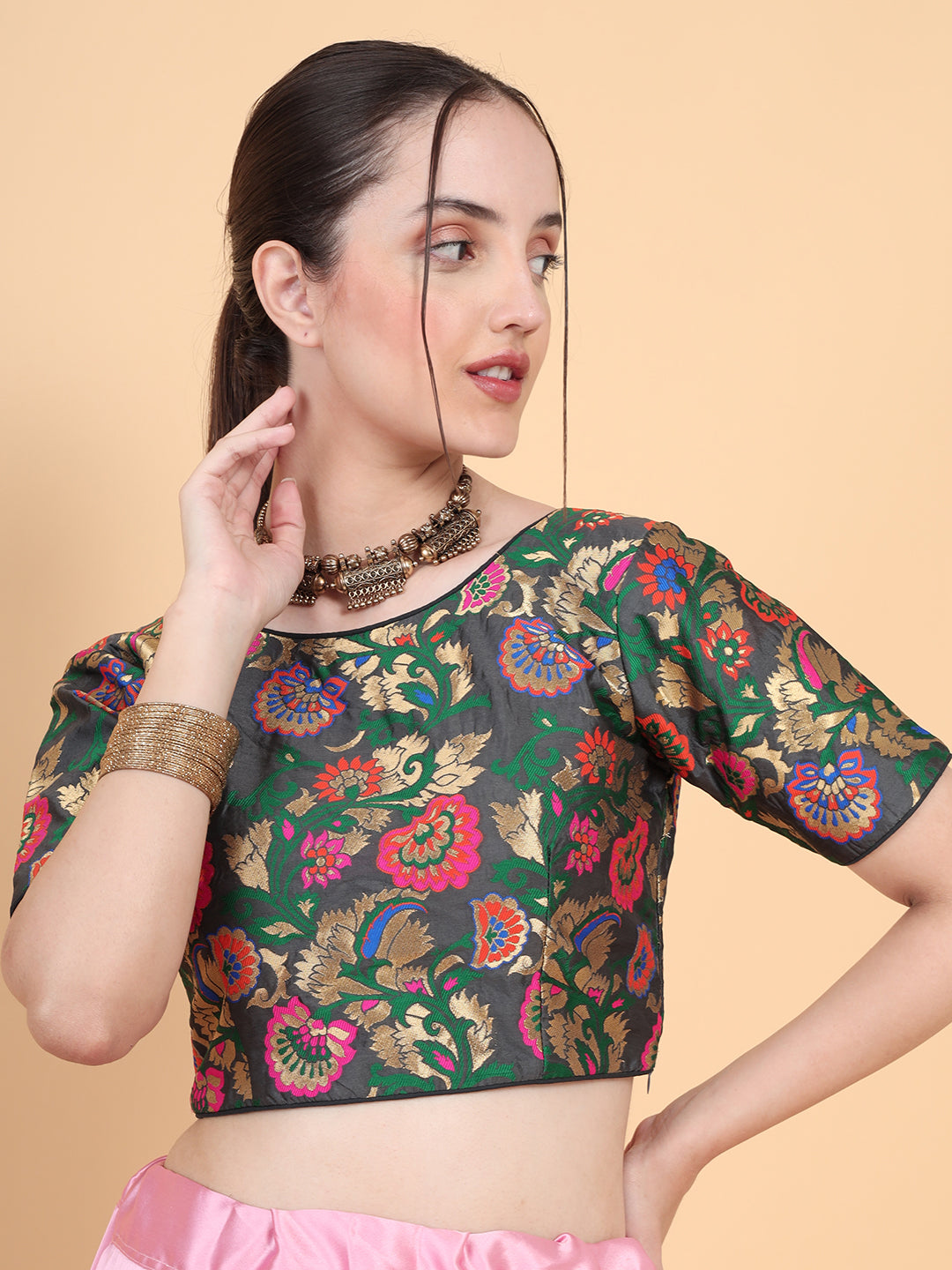 Mimosa Charcoal Woven Design Readymade Blouse