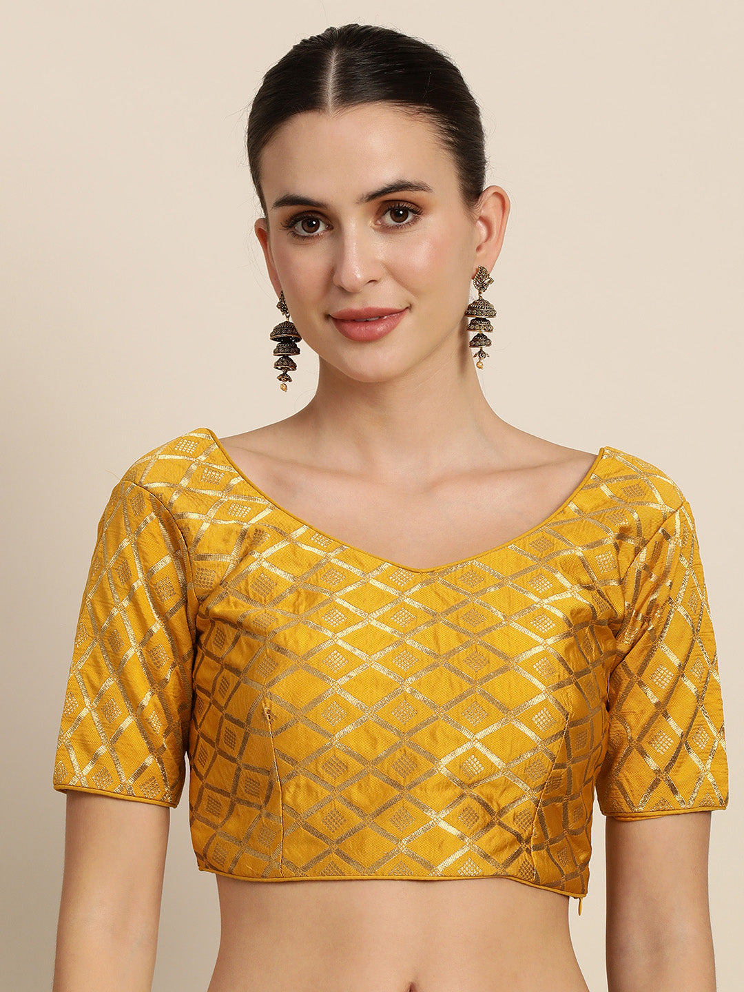 Mimosa Women Mustard Yellow & Golden Woven Design Readymade Saree Blouse