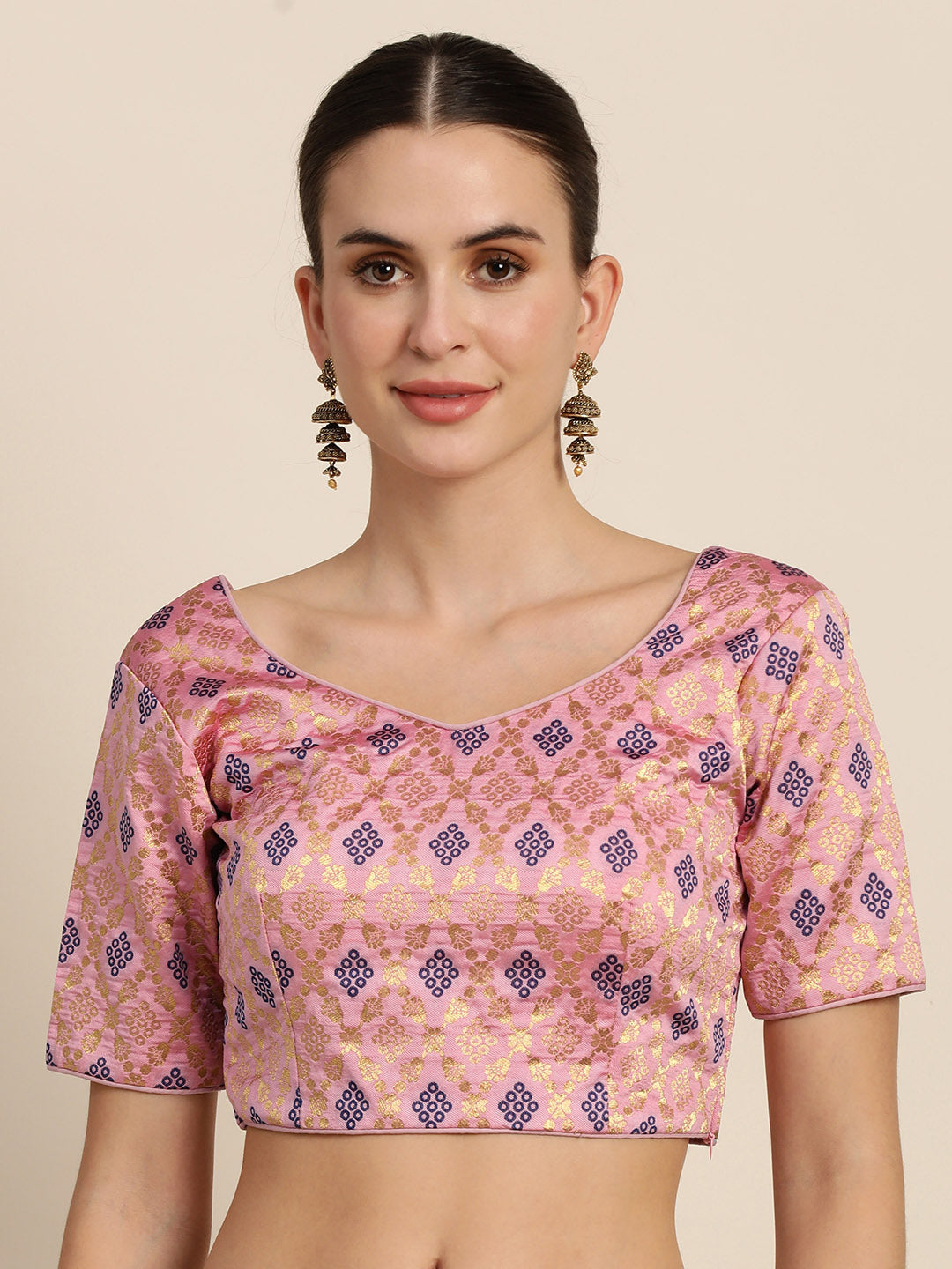 Mimosa Women Pink & Blue Woven Design Readymade Saree Blouse