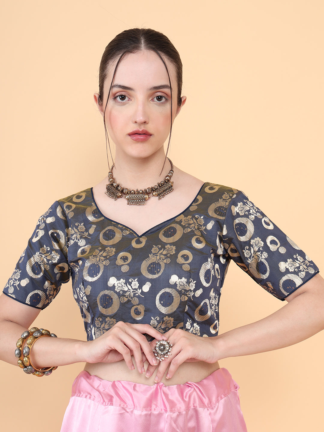 Mimosa Grey Woven Design Readymade Blouse