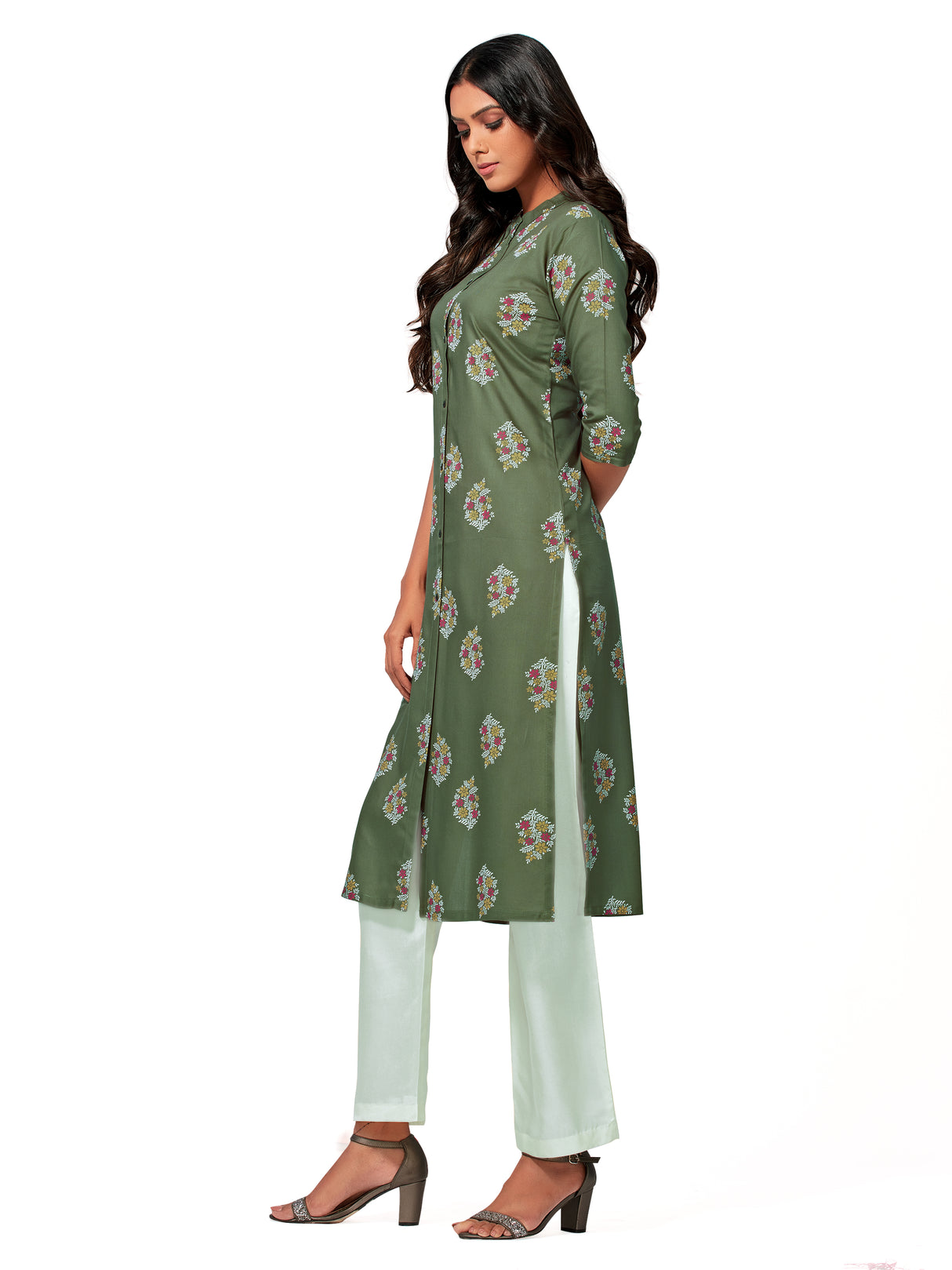 Mimosa Women Khaki Green Color Printed Straight Kurta