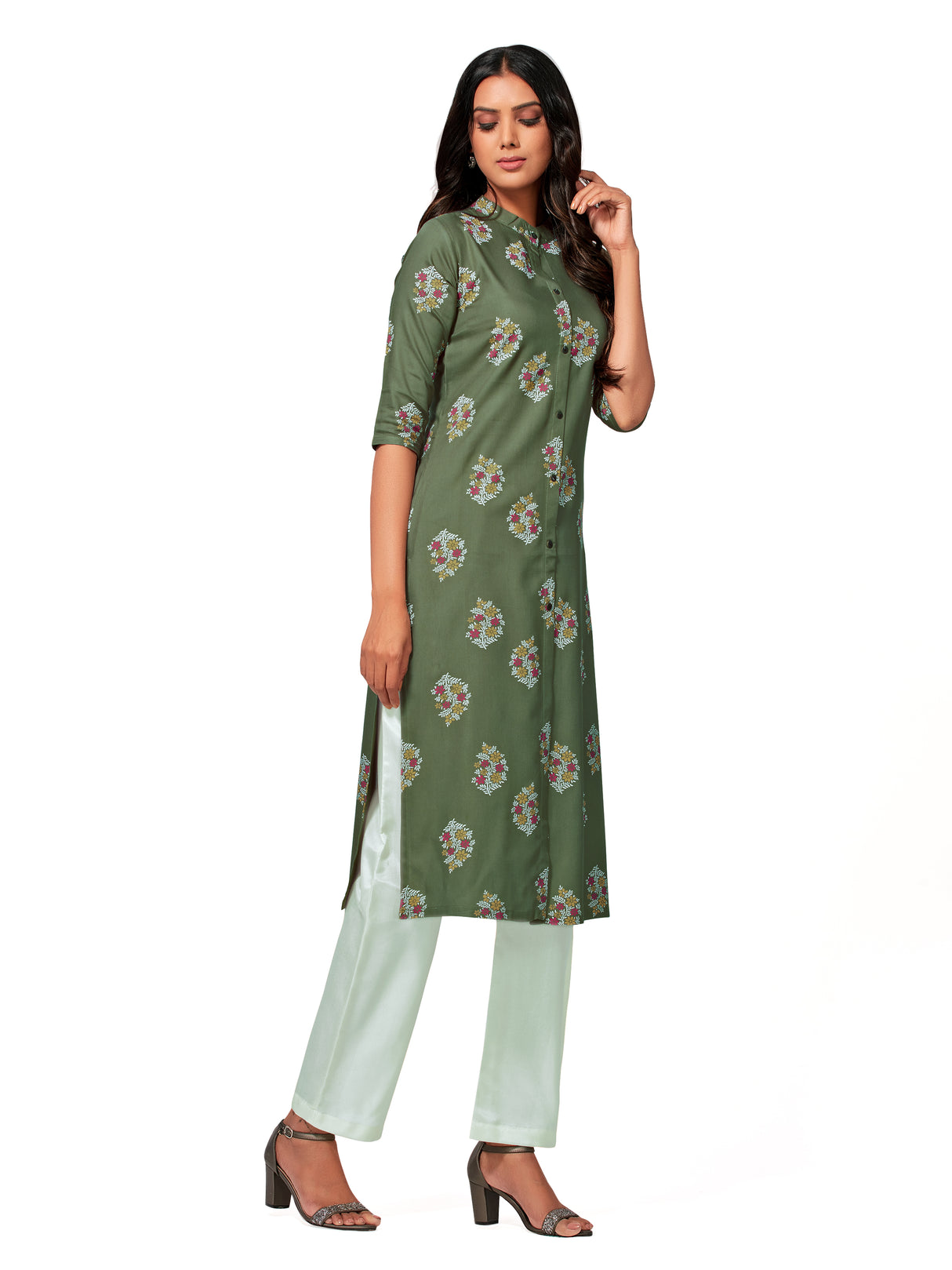 Mimosa Women Khaki Green Color Printed Straight Kurta