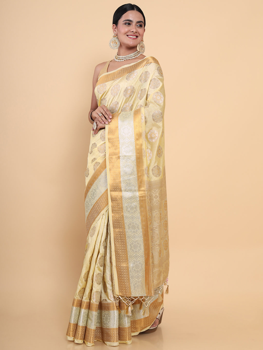 Mimosa Womens Art Silk Saree Kasavu Cream Color