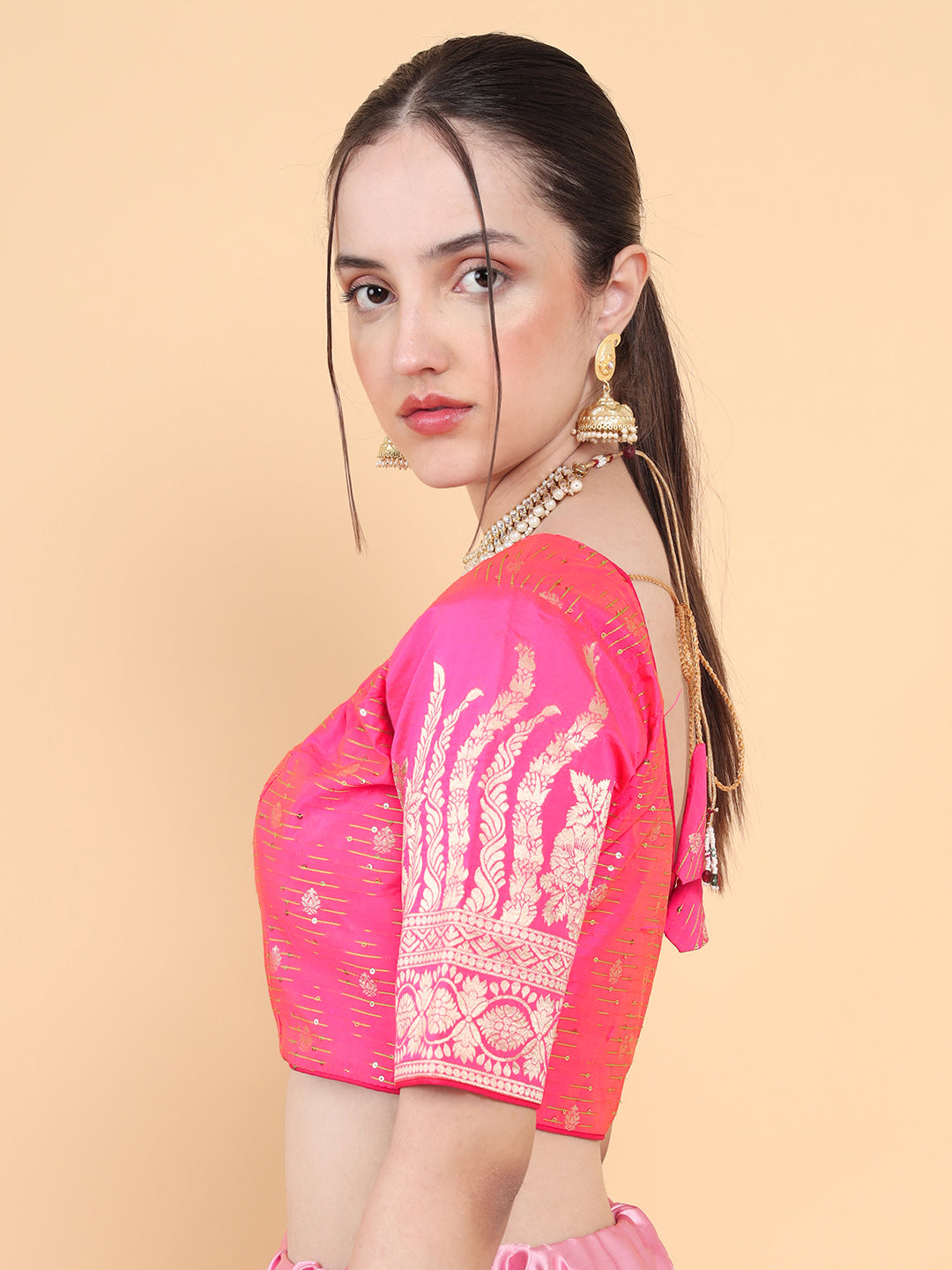 Mimosa Pink Woven Design Readymade Blouse