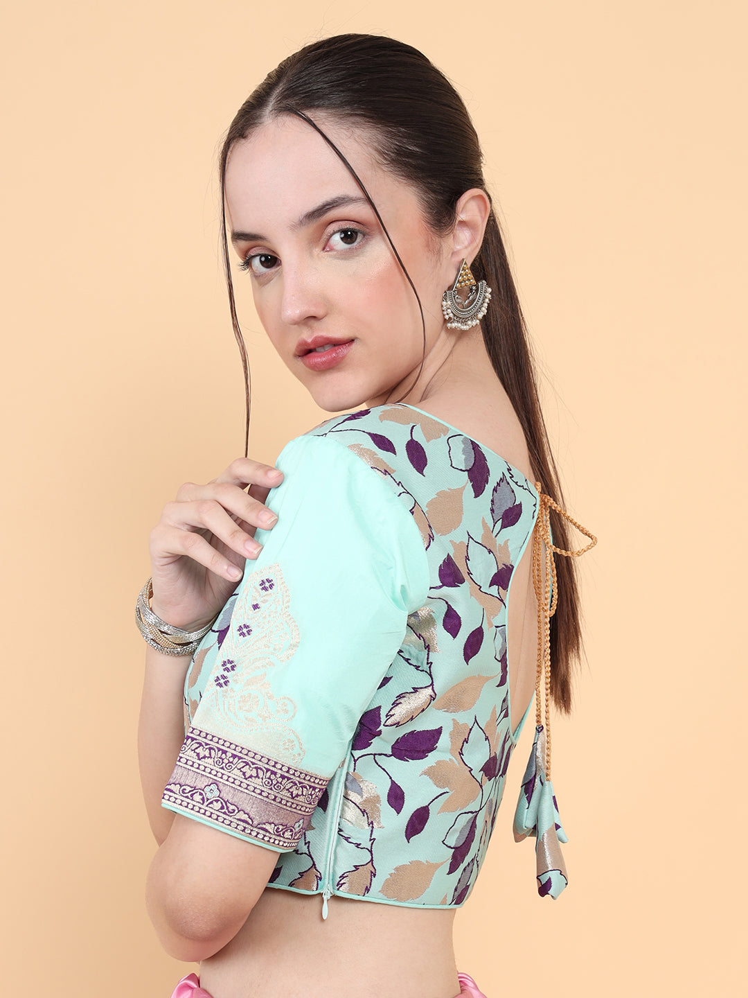 Mimosa Turquoise Blue Woven Design Readymade Blouse