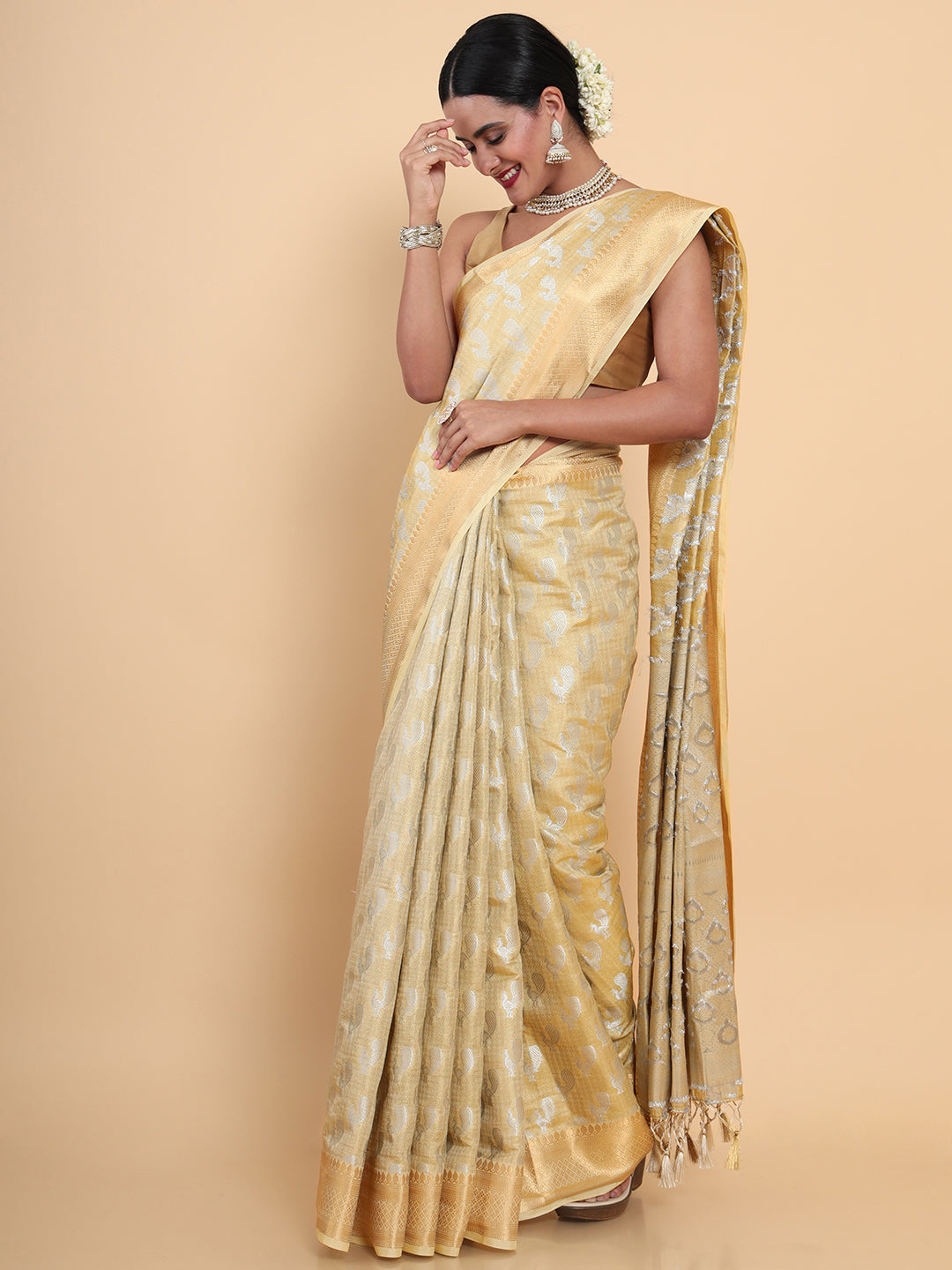 Mimosa Womens Art Silk Saree Kasavu Cream Color