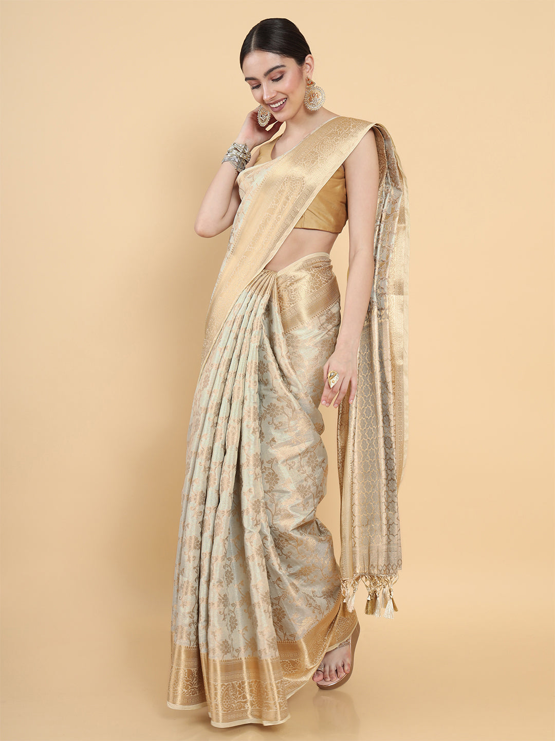 Mimosa Womens Art Silk Saree Kasavu Cream Color