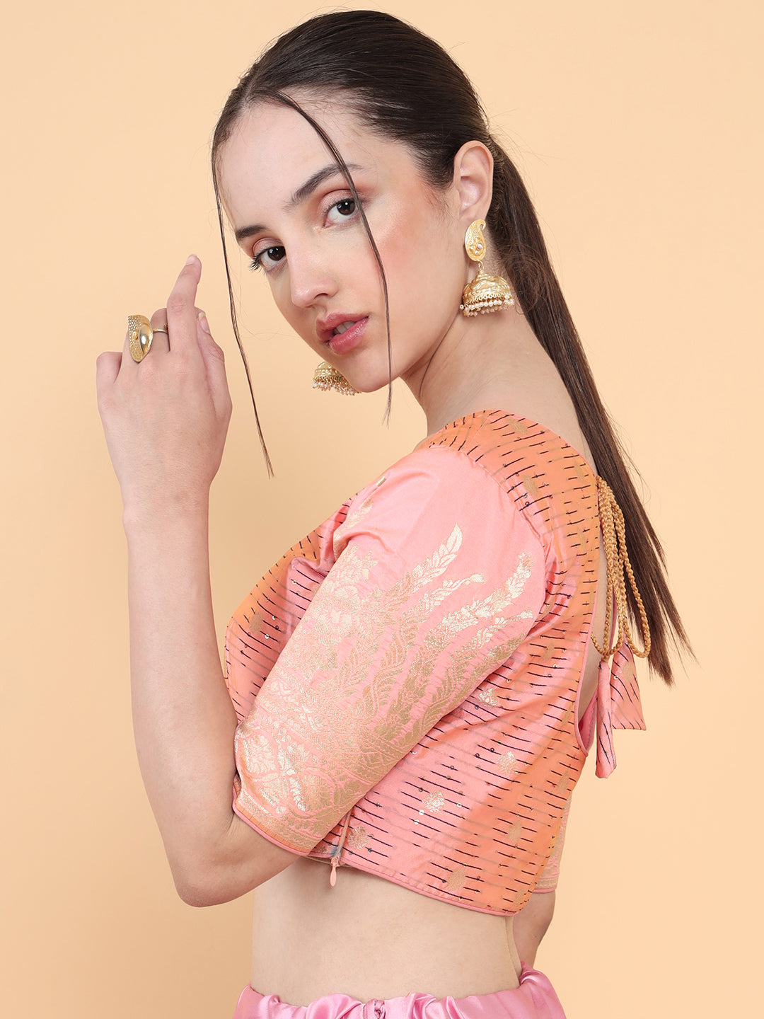 Mimosa Pink Woven Design Readymade Blouse