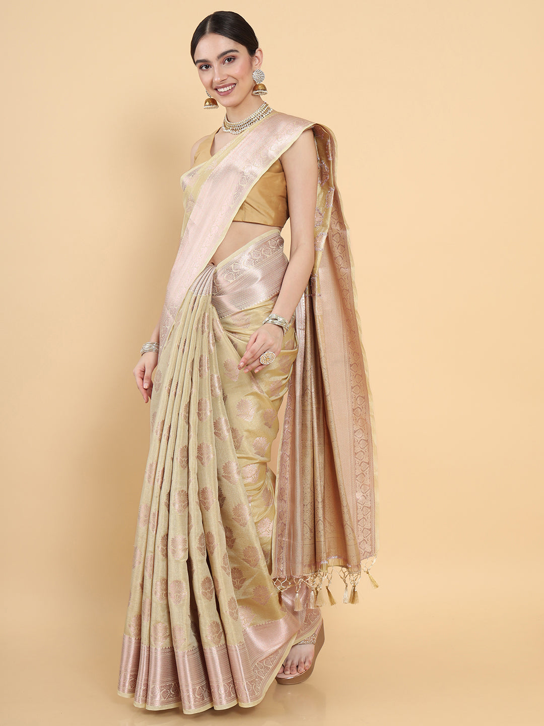 Mimosa Womens Art Silk Saree Kasavu Cream Color
