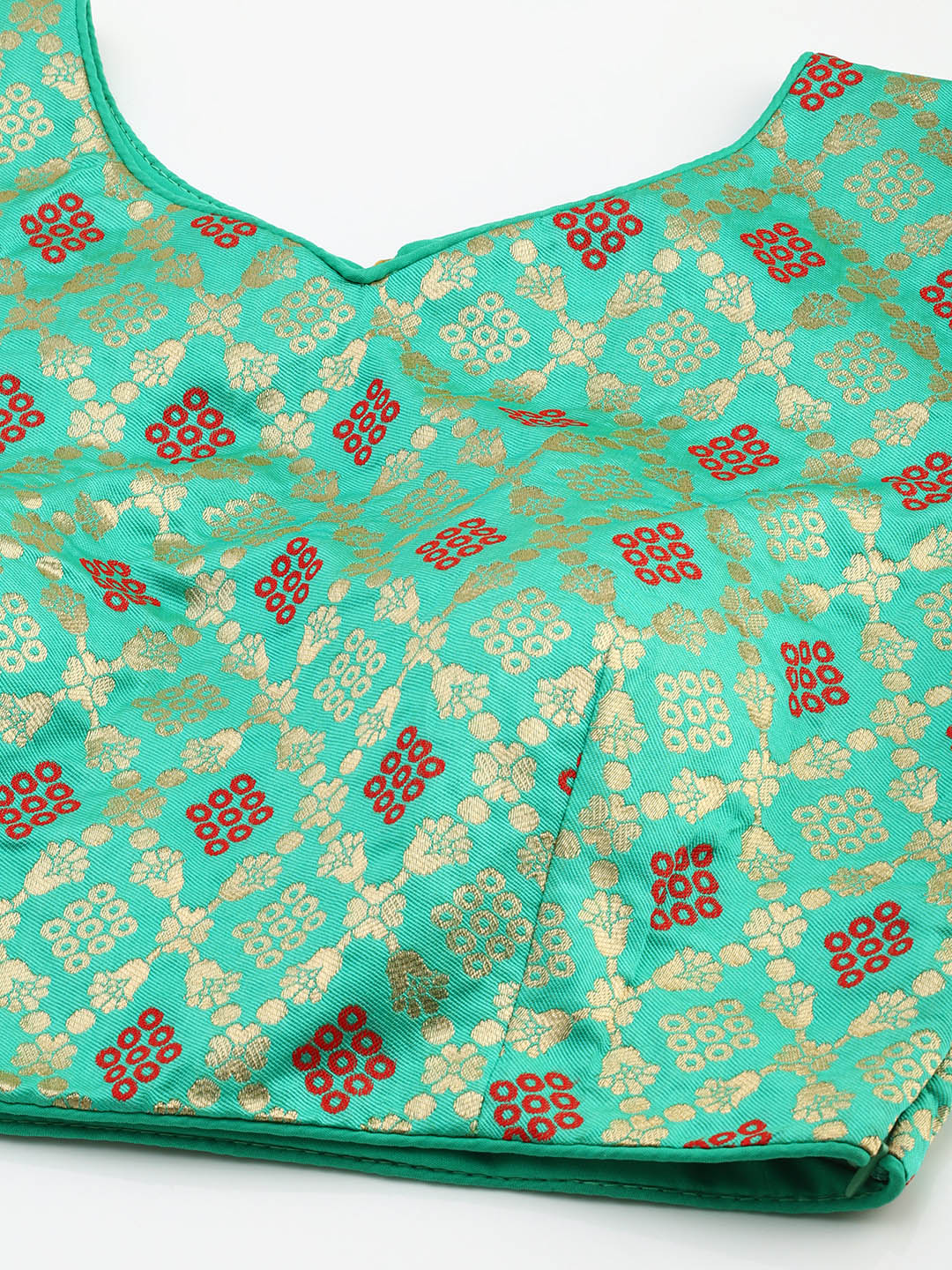 Mimosa Women Turquoise Blue & Red Woven Design Readymade Saree Blouse