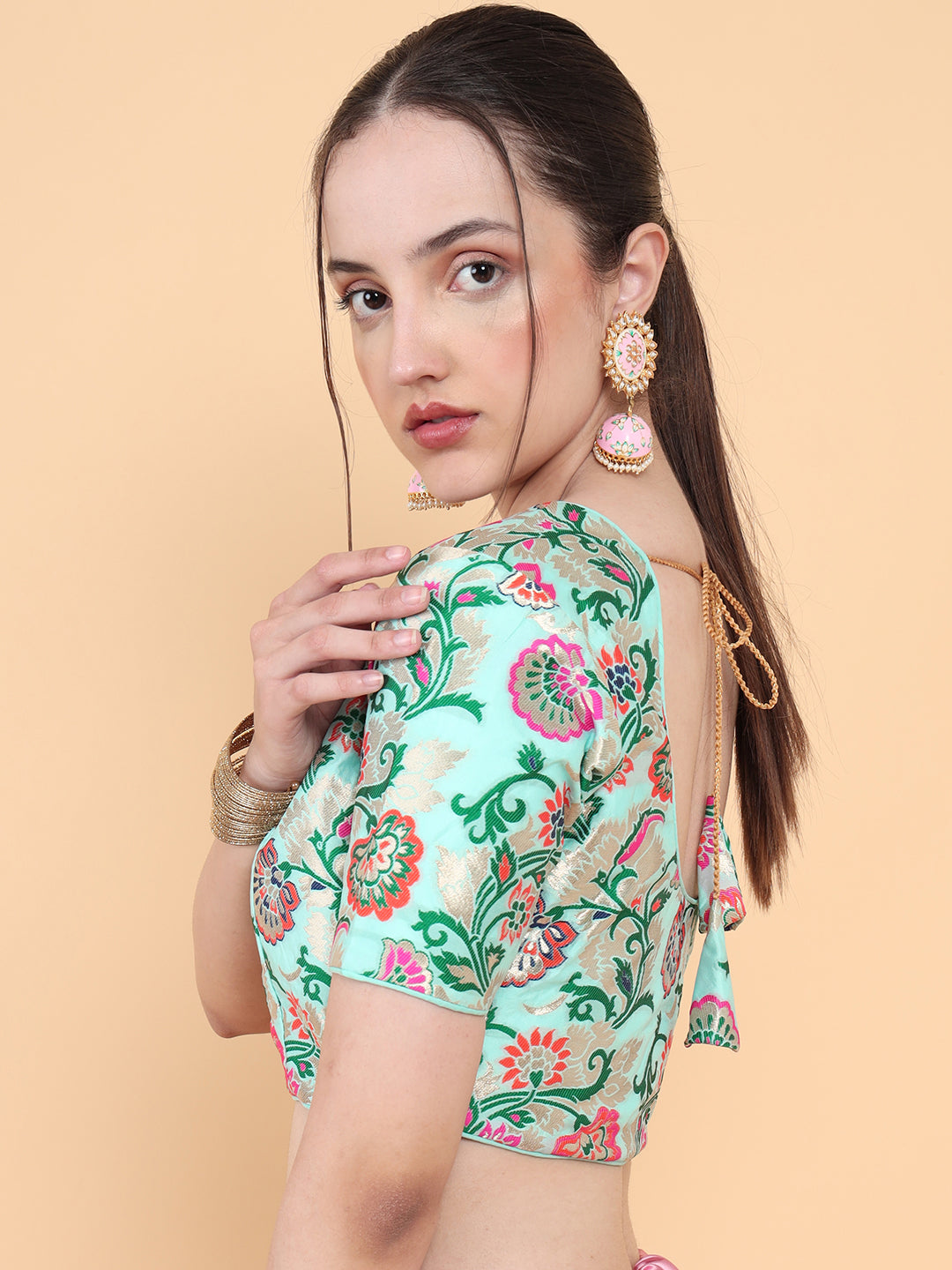 Mimosa Turquoise Blue Woven Design Readymade Blouse