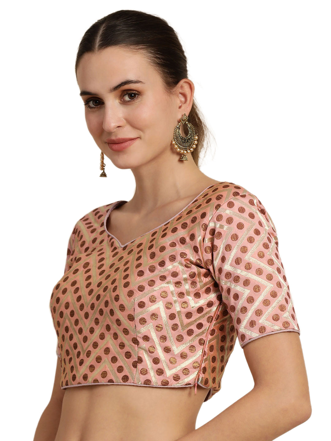 Mimosa Women Pink & Brown Woven Design Readymade Saree Blouse