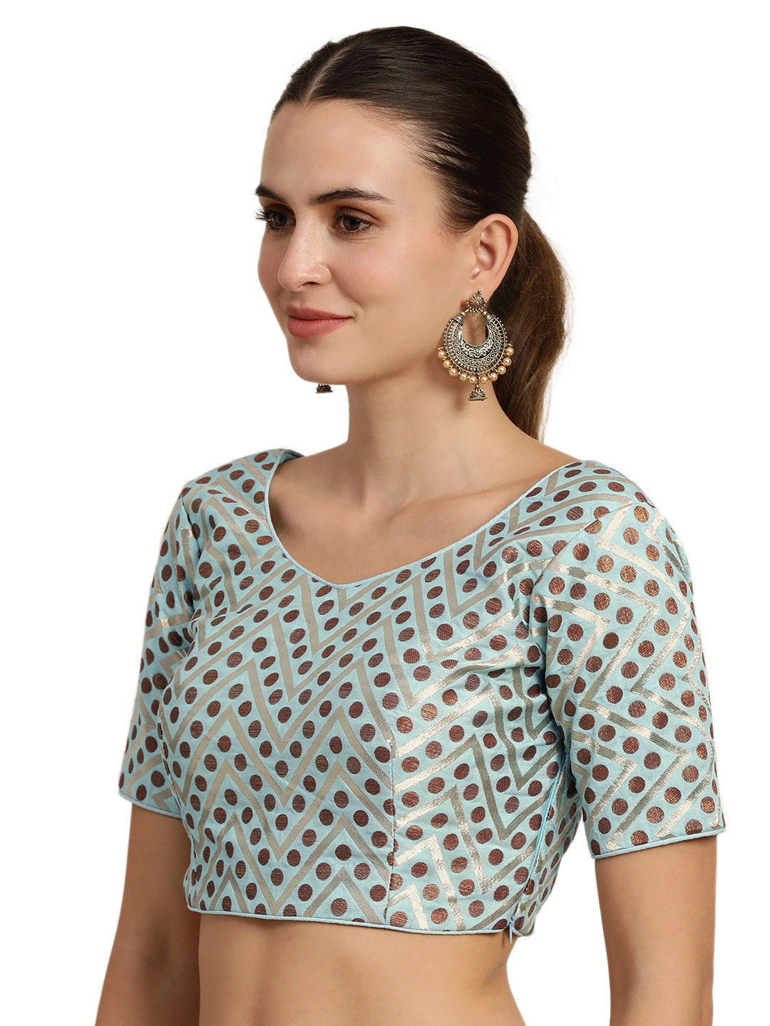 Mimosa Women Turquoise Blue & Brown Woven Design Readymade Blouse