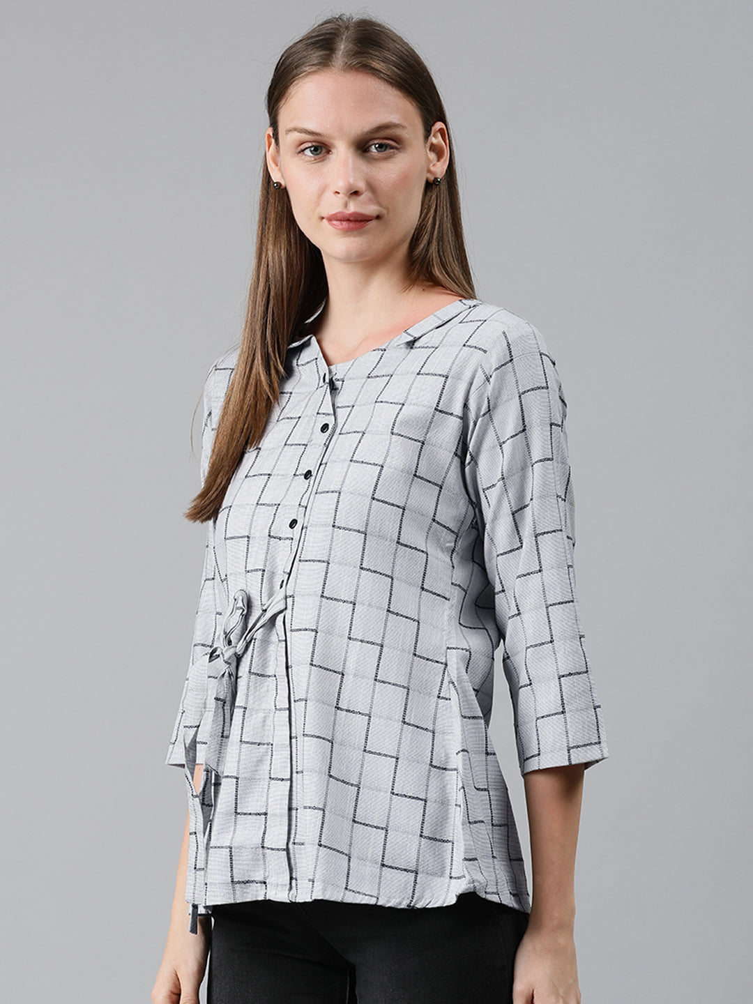 Mimosa Women Grey Checked Regular Top with Tie-Ups
