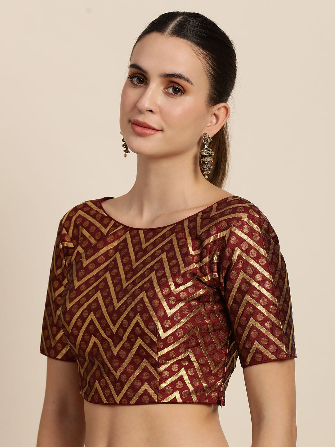 Mimosa Women Maroon & Golden Woven Design Readymade Saree Blouse
