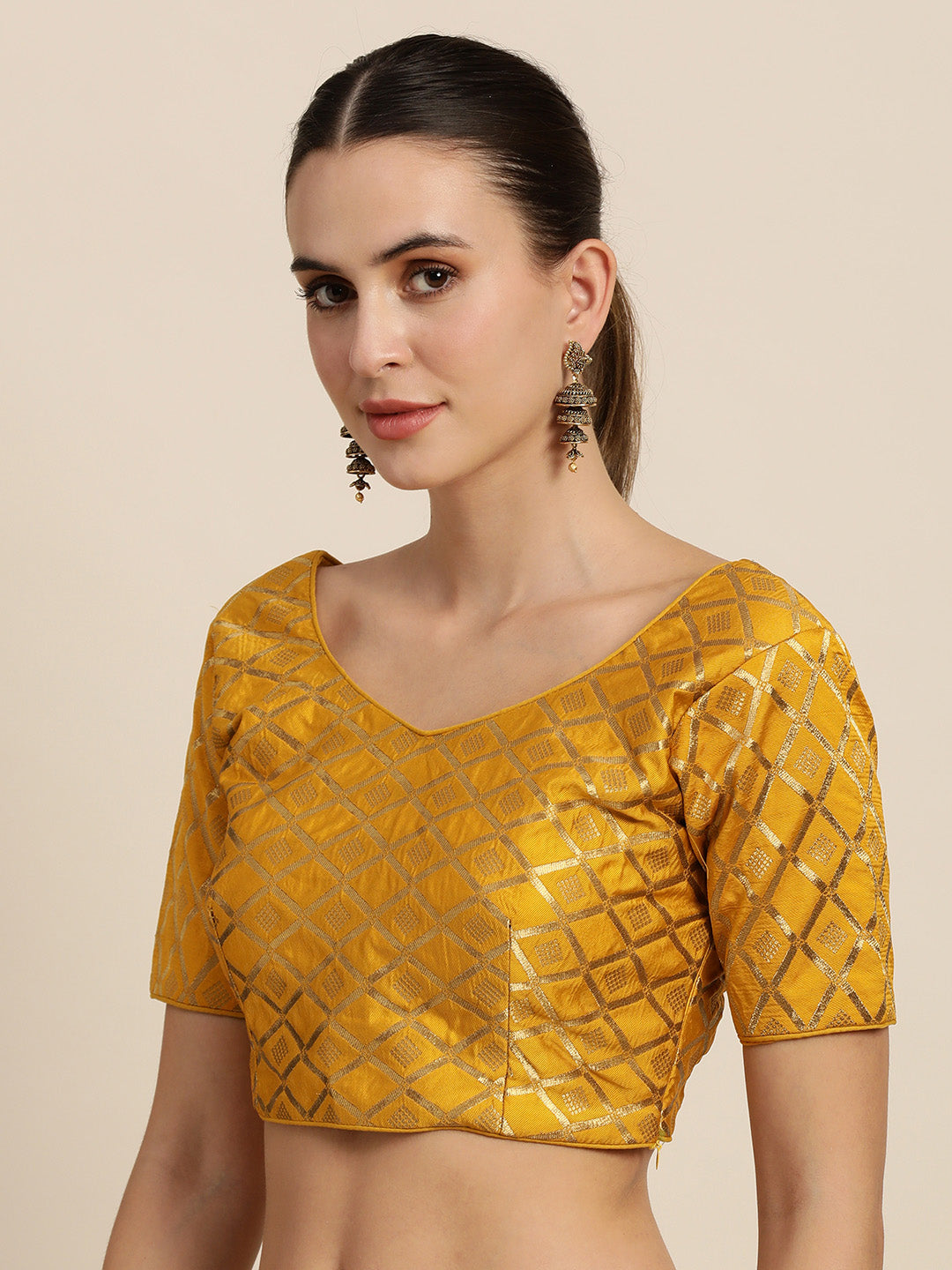Mimosa Women Mustard Yellow & Golden Woven Design Readymade Saree Blouse