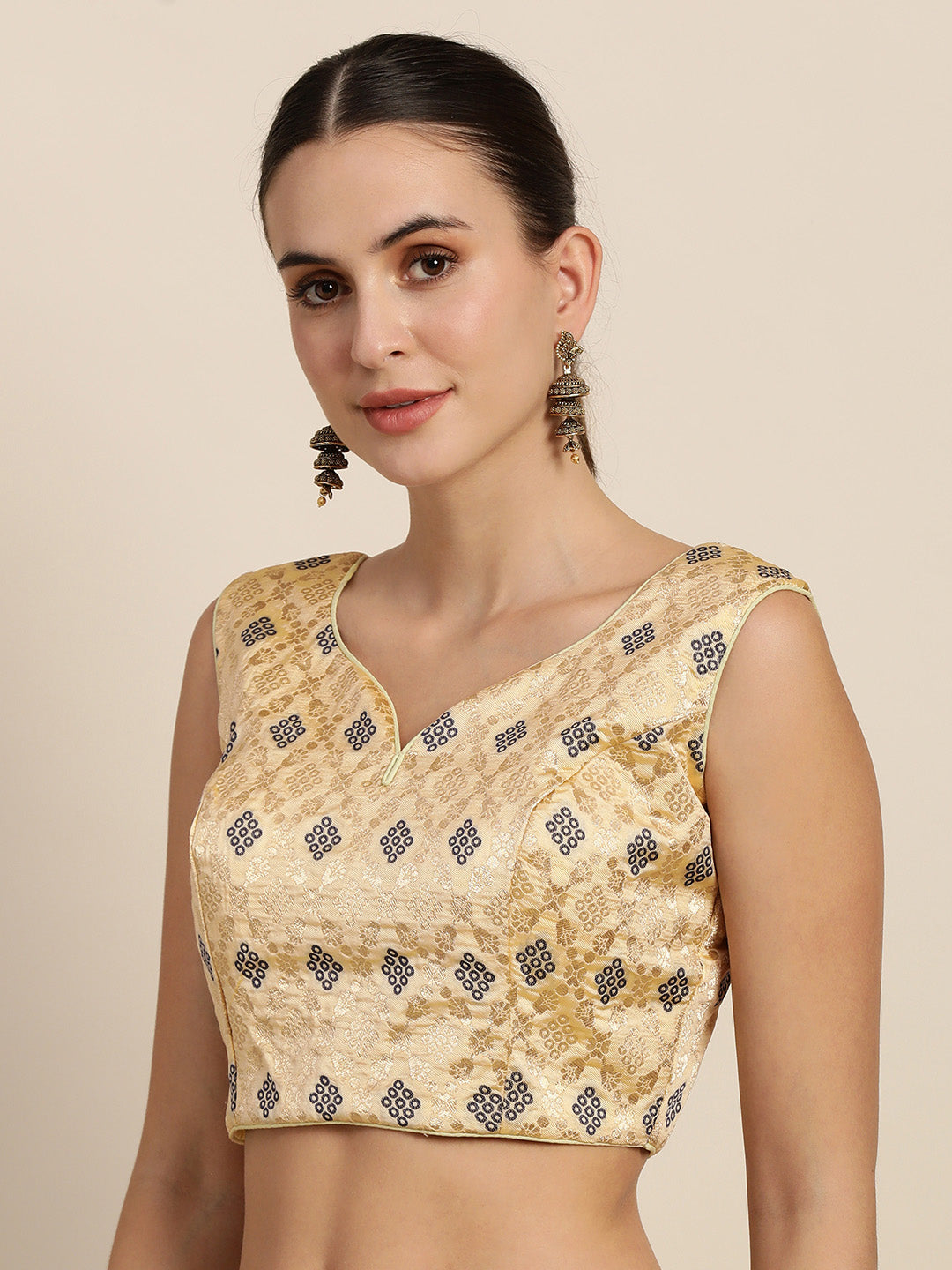 Mimosa Women Beige & Blue Woven Design Readymade Saree Blouse