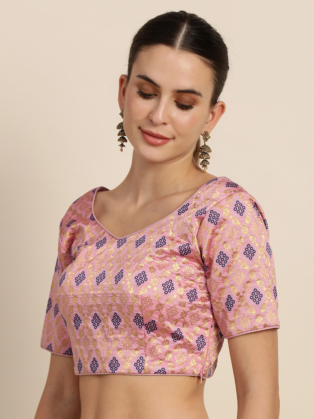 Mimosa Women Pink & Blue Woven Design Readymade Saree Blouse