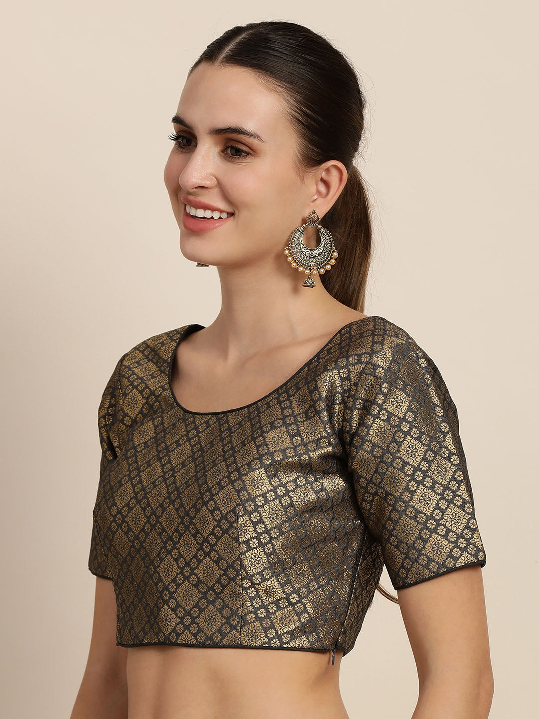 Mimosa Women Grey & Golden Woven Design Readymade Saree Blouse