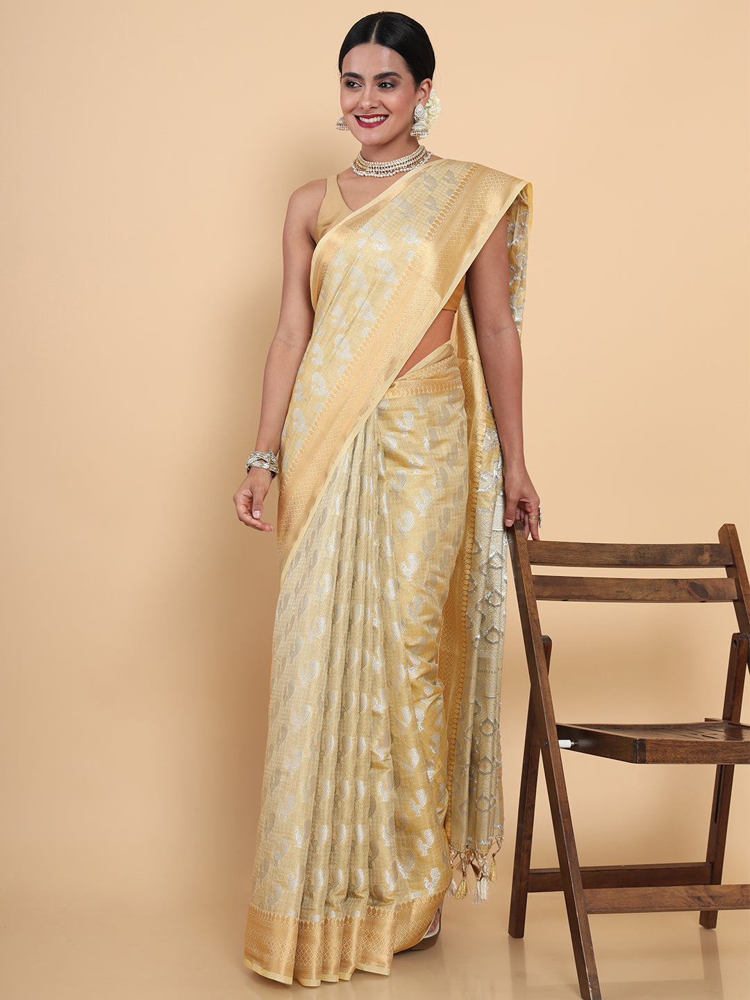 Mimosa Womens Art Silk Saree Kasavu Cream Color