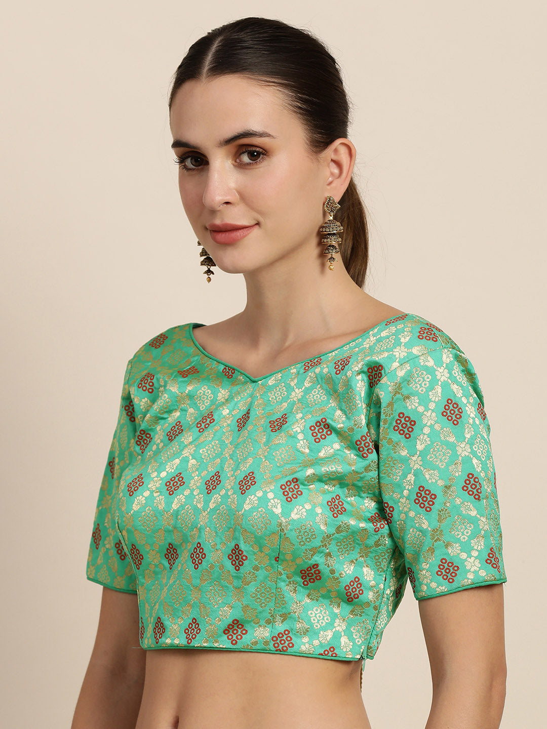 Mimosa Women Turquoise Blue & Red Woven Design Readymade Saree Blouse