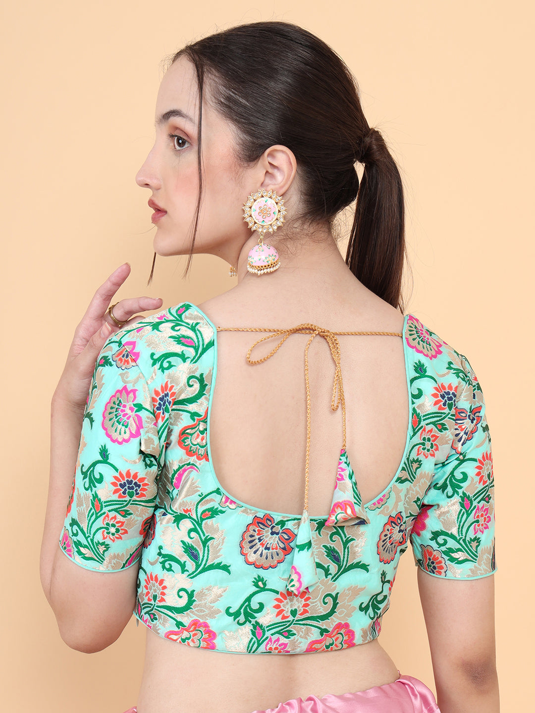 Mimosa Turquoise Blue Woven Design Readymade Blouse