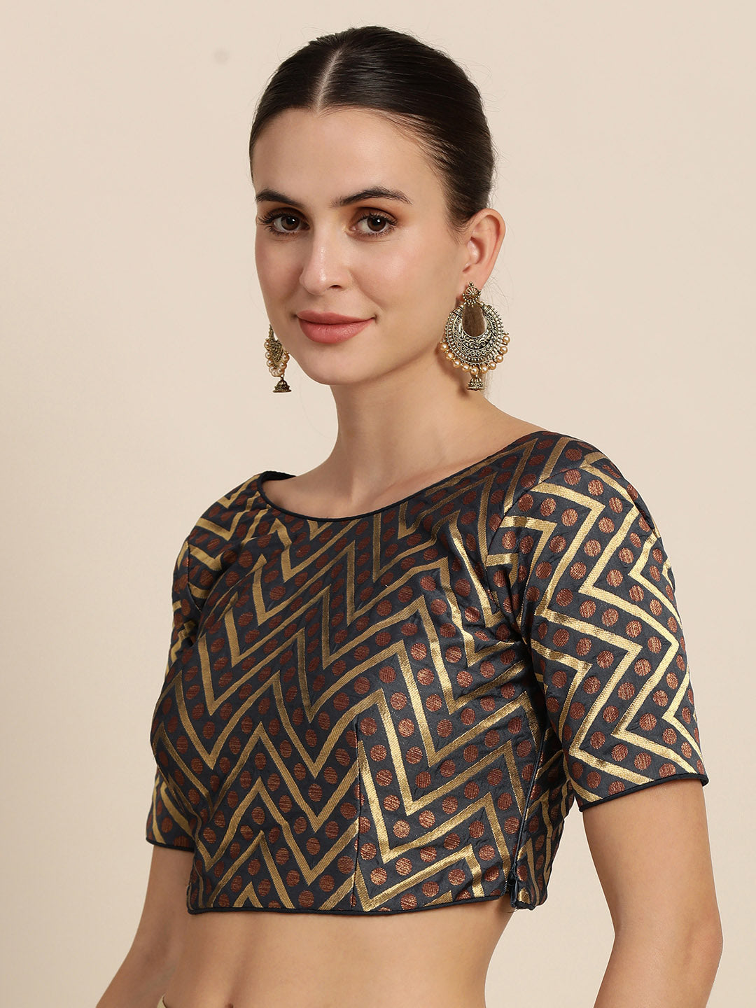 Mimosa Women Charcoal Grey & Golden Woven Design Readymade Saree Blouse