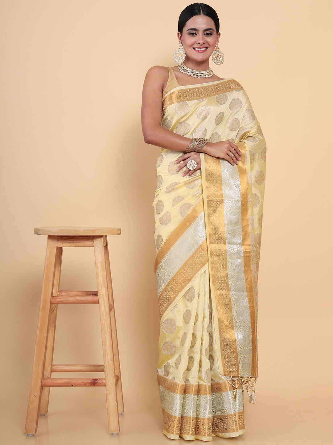 Mimosa Womens Art Silk Saree Kasavu Cream Color