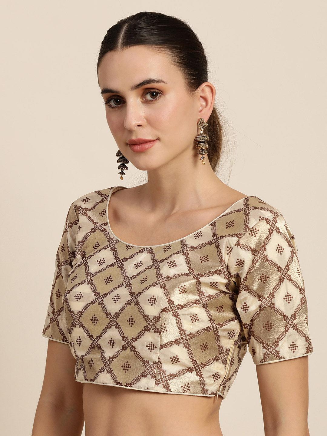Mimosa Women Beige & Brown Woven Design Readymade Saree Blouse