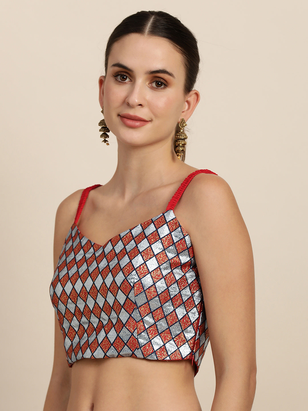 Mimosa Women Silver & Red Woven Design Readymade Saree Blouse