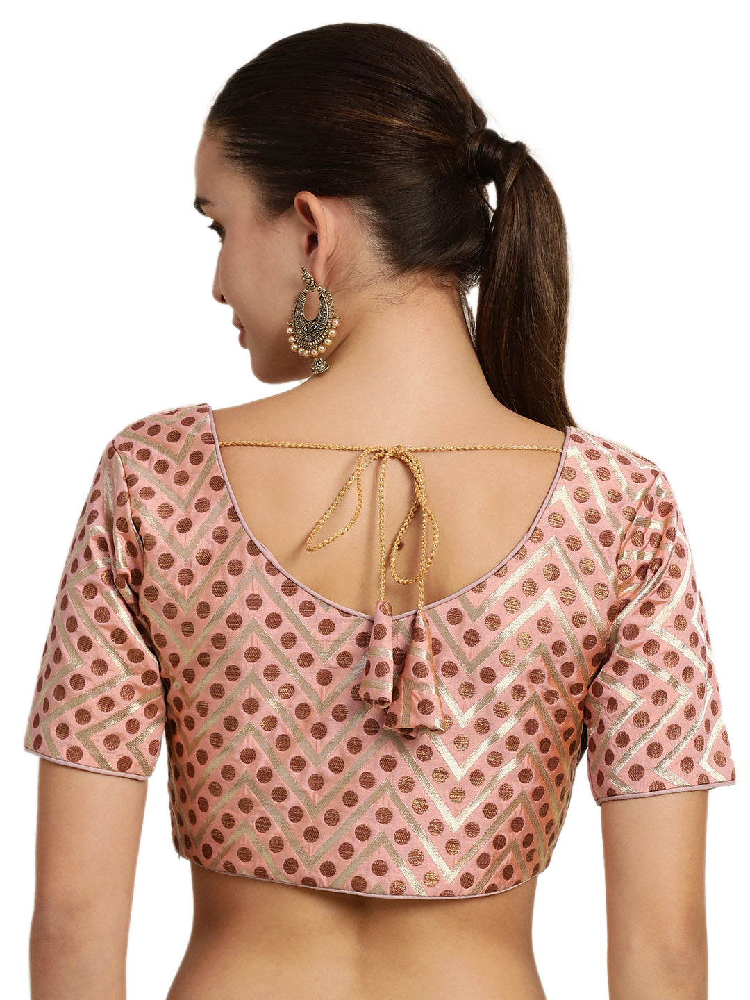 Mimosa Women Pink & Brown Woven Design Readymade Saree Blouse