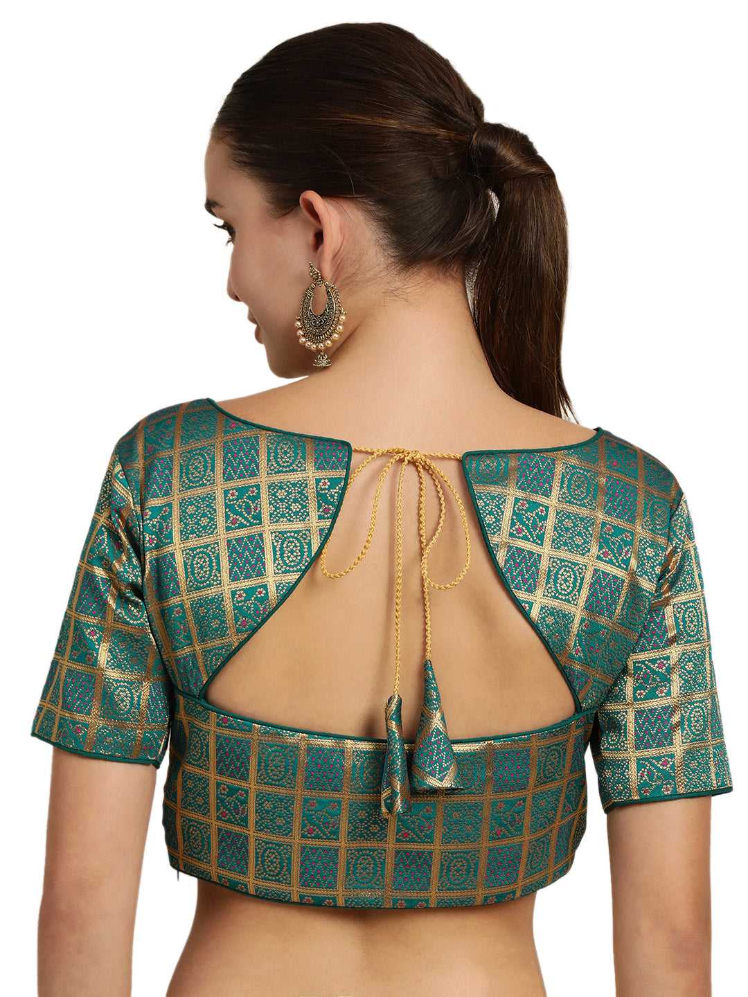 Mimosa Women Teal Green & Golden Woven Design Readymade Saree Blouse