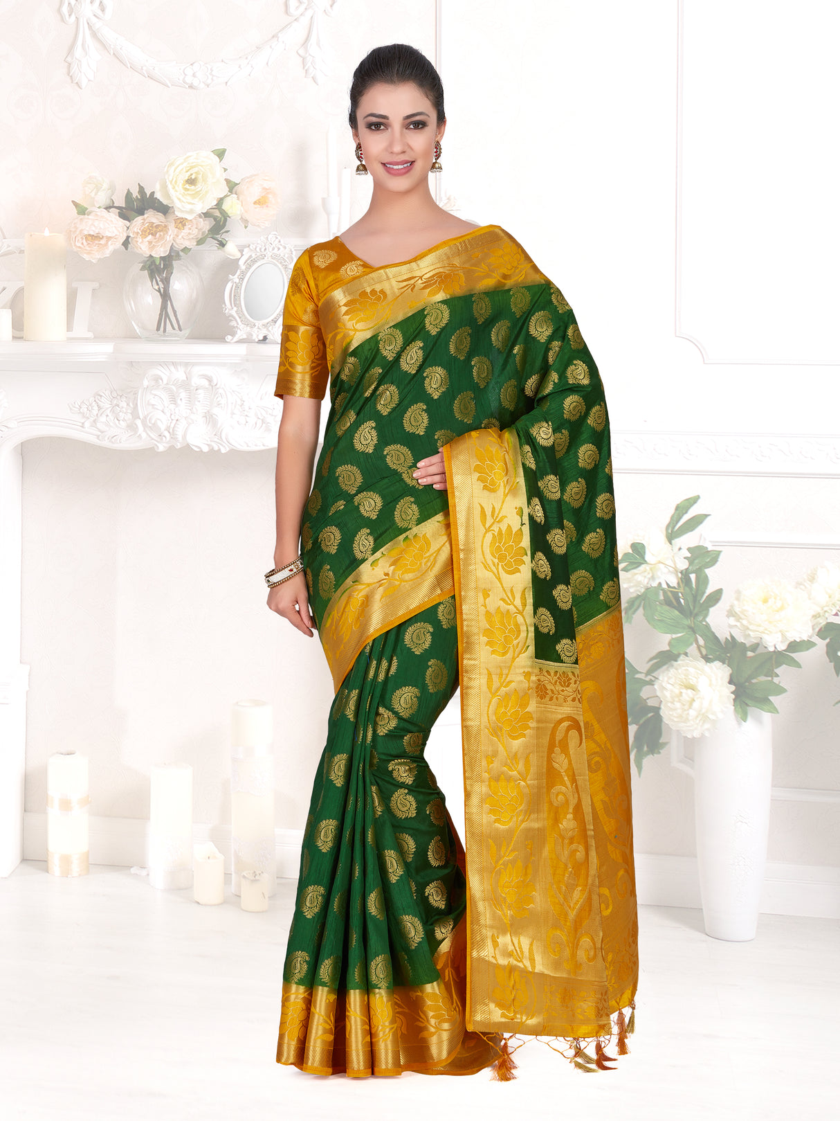 Mimosa Womens Art Silk Saree Kanjivaram BGreen Color