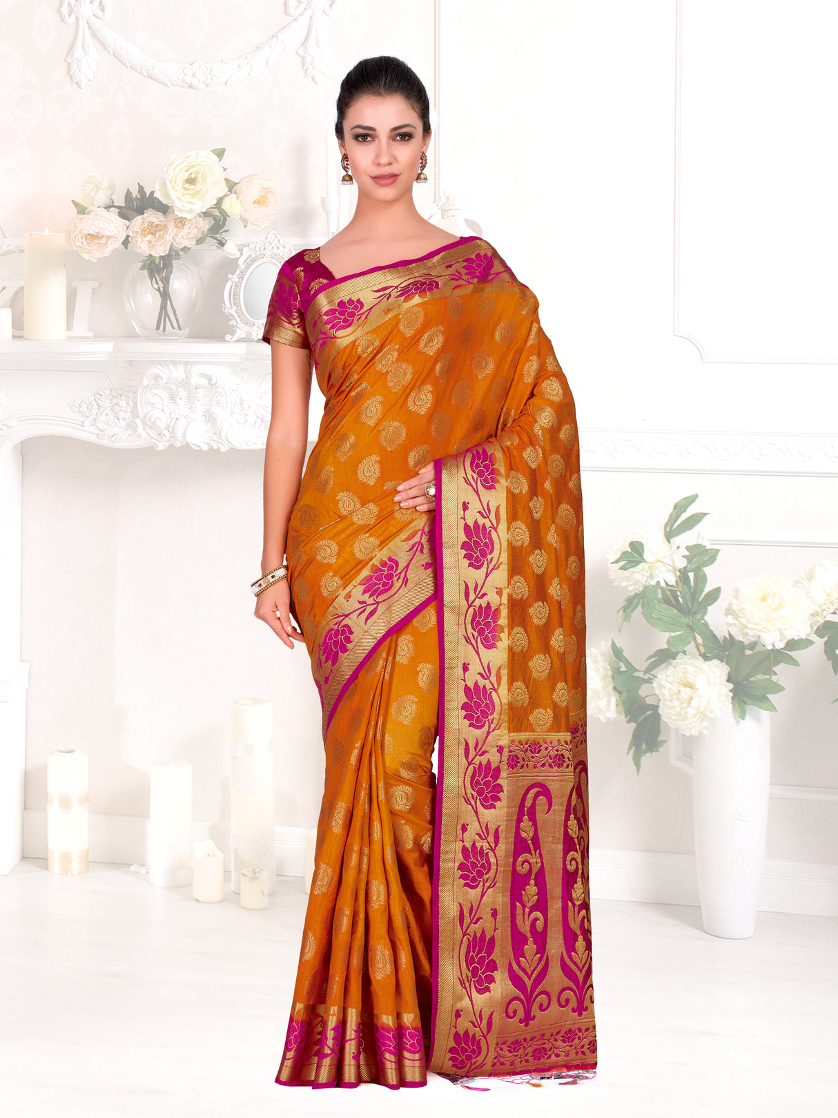 Mimosa Womens Art Silk Saree Kanjivaram Mustard Color