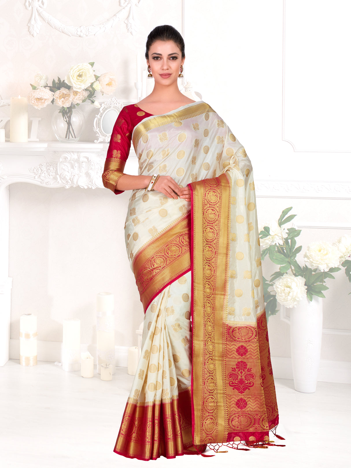 Mimosa Womens Art Silk Saree Kanjivaram Halfwhite Color