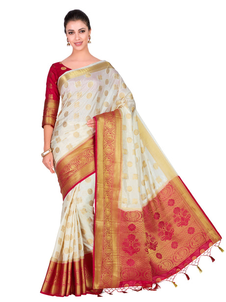 Mimosa Womens Art Silk Saree Kanjivaram Halfwhite Color