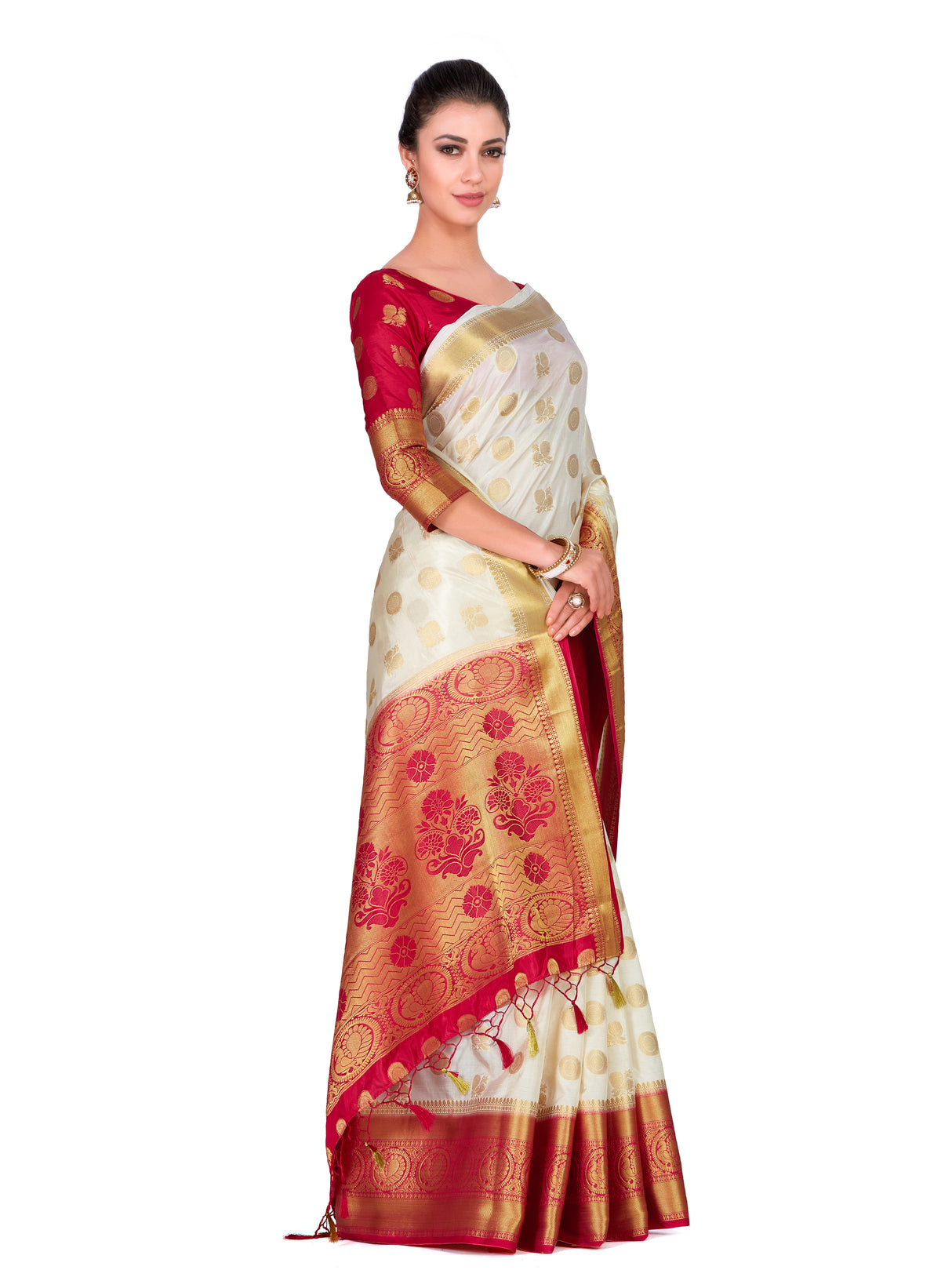 Mimosa Womens Art Silk Saree Kanjivaram Halfwhite Color